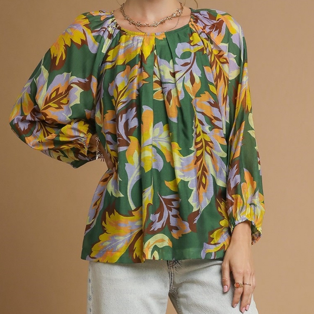Umgee Retro Abstract Shirt Pleated 70s Round Neck Top Long Balloon Sleeve Blouse - Picture 4 of 16